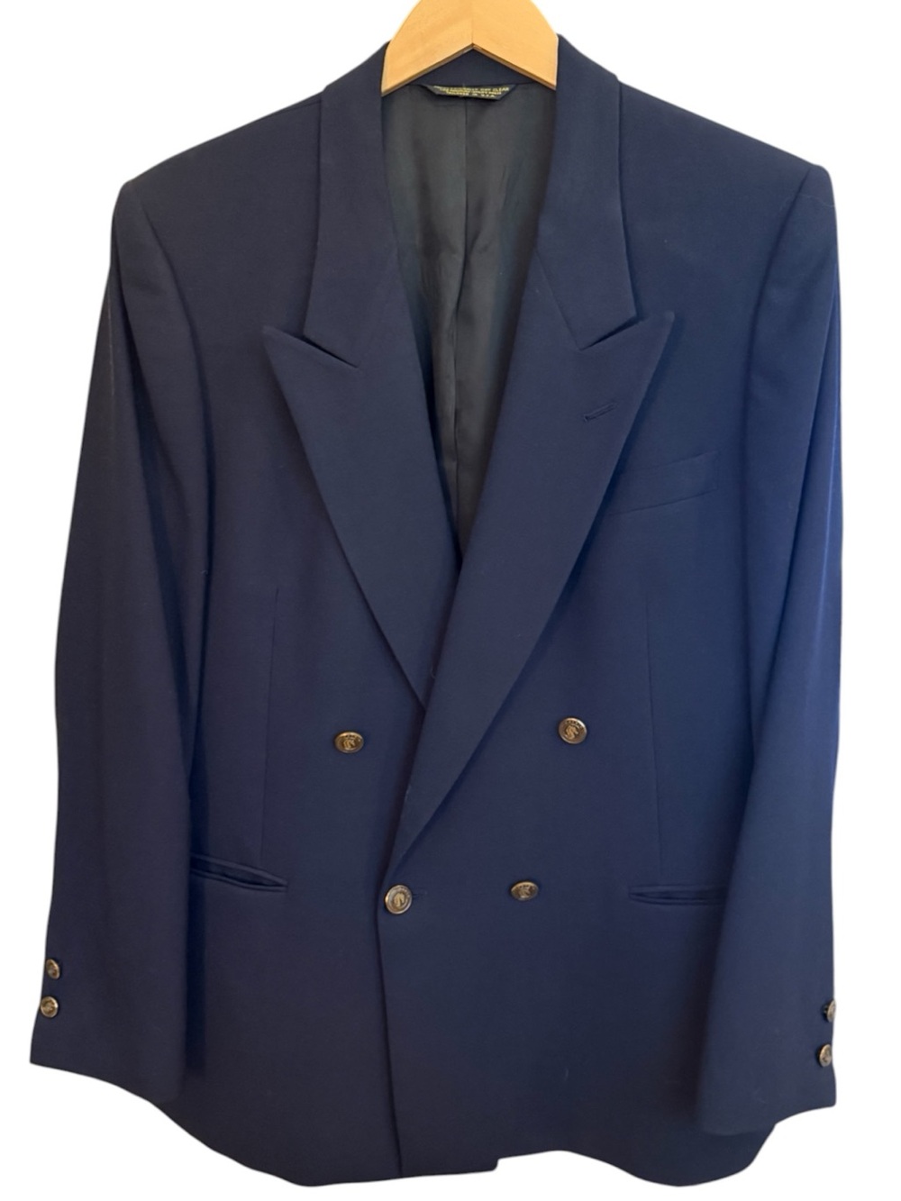 VTG 80s Pierre Cardin Double Breasted Wool Blazer Navy Blue Horse Button USA 43S